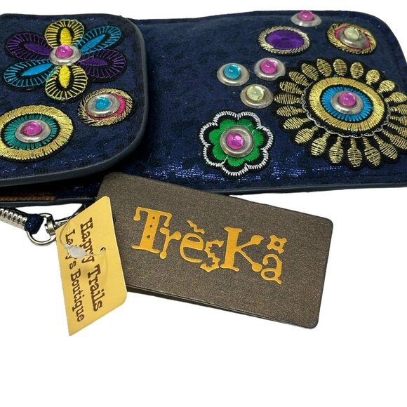 TRESKA Blue Mini Crossbody Bag Wristlet Floral Boho Studded NWT - Picture 4 of 6